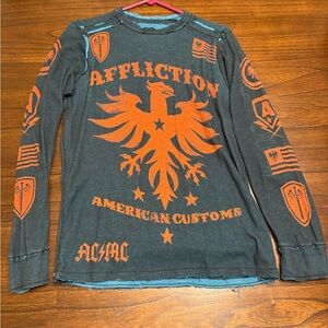 Affliction Charcoal Tee with Vibrant Orange Graphics